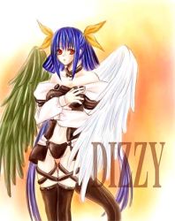 Rule 34 | 1girl, arc system works, asymmetrical wings, blue hair, dizzy (guilty gear), guilty gear, lowres, red eyes, solo, tail, thighhighs, wings