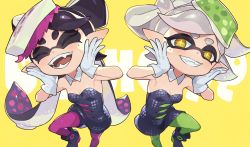 Rule 34 | + +, 2girls, ankle boots, black dress, black hair, blush, boots, breasts, brown eyes, callie (splatoon), cleavage, collar, commentary request, cousins, detached collar, dress, earrings, fangs, food, food on head, gloves, green legwear, grin, hair rings, hands on own face, inkling, jewelry, kin niku, long hair, looking at viewer, marie (splatoon), mole, mole under eye, multiple girls, nintendo, object on head, open mouth, pantyhose, pointy ears, purple legwear, short hair, short jumpsuit, smile, splatoon (series), squid, strapless, strapless dress, sushi, symbol-shaped pupils, tentacle hair, tentacles, thick eyebrows, unitard, white gloves, yellow background, yellow eyes