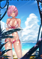 Rule 34 | 1girl, absurdres, bare shoulders, bikini, blush, breasts, cleavage, collarbone, commentary request, day, fate/grand order, fate (series), female focus, hair over one eye, highres, large breasts, long sleeves, looking at viewer, mash kyrielight, mash kyrielight (swimsuit of perpetual summer), matching hair/eyes, navel, ocean, official alternate costume, outdoors, pink bikini, purple eyes, purple hair, shirt, shocho, short hair, smile, solo, swimsuit, white bikini, white shirt