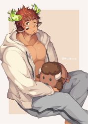 Rule 34 | 1boy, animal ears, bara, brown hair, commentary request, cow boy, cow ears, cow horns, facial hair, fiery horns, forked eyebrows, glowing horns, goatee, holding, holding stuffed toy, horns, kunknee, large pectorals, male focus, mature male, muscular, muscular male, pectorals, short hair, solo, stuffed animal, stuffed toy, thick eyebrows, tokyo houkago summoners, wakan tanka