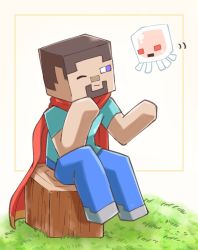 Rule 34 | 1boy, beard, blue eyes, blue pants, border, brown hair, cape, commentary, commentary request, creature, dark skin, facial hair, floating, ghast, grass, grey footwear, light blue shirt, looking at another, minecraft, one eye closed, outside border, pants, raihachi, red cape, red eyes, shirt, short hair, simple background, sitting, sitting on tree stump, steve (minecraft), t-shirt, tentacles, tree stump, white background