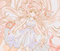 Rule 34 | 1girl, absurdly long hair, android, arms at sides, bracelet, brown eyes, chii, chobits, choker, dress, flower, highres, izmi, jewelry, light brown hair, long hair, lying, on back, parted lips, pastel colors, petals, pink flower, robot ears, sleeveless, sleeveless dress, solo, very long hair, white choker, white dress
