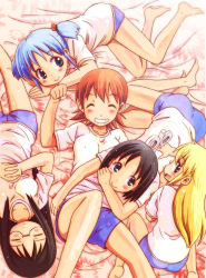 Rule 34 | 5girls, aioi yuuko, barefoot, bed sheet, black hair, blonde hair, blue eyes, blue hair, blush, brown eyes, brown hair, child, collarbone, closed eyes, glasses, grin, gym uniform, cube hair ornament, hair ornament, legs, long hair, looking away, lying, minakami mai, multiple girls, naganohara mio, naruse, nichijou, on back, on side, on stomach, open mouth, own hands clasped, own hands together, professor shinonome, shinonome nano, shirt, short hair, short twintails, shorts, smile, t-shirt, thighs, twintails, winding key