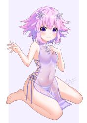 Rule 34 | 1girl, bikini, blush, breasts, chinese clothes, covered navel, highres, legs, looking at viewer, neptune (neptunia), neptune (series), purple eyes, purple hair, short hair, sitting, small breasts, smile, swimsuit, thighs