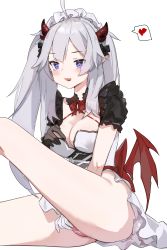 Rule 34 | 1girl, absurdres, bandaid, bare legs, blue eyes, blush, breasts, cleavage, demon girl, dress, female masturbation, gloves, gong cha, heart, highres, horns, large breasts, long hair, looking at viewer, maid headdress, masturbation, naughty face, no panties, open mouth, pussy, silver hair, simple background, sitting, smile, spoken heart, thighs, vei (vtuber), vei (vtuber) (4th costume), virtual youtuber, vshojo