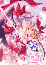 Rule 34 | 2girls, :d, back bow, bat wings, blonde hair, bow, closed mouth, commentary request, crystal, dress, eye contact, fang, fang out, flandre scarlet, glowing, glowing weapon, gradient background, hair between eyes, hand in own hair, hand on another&#039;s face, hat, hat bow, holding, holding weapon, looking at another, mimi (mimi puru), mob cap, multiple girls, nail polish, open mouth, petals, petticoat, pink dress, profile, puffy short sleeves, puffy sleeves, purple background, purple hair, red bow, red eyes, red nails, red skirt, remilia scarlet, shoes, short hair, short sleeves, siblings, sisters, skirt, skirt set, smile, spear the gungnir, touhou, triangle, weapon, wings