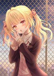 Rule 34 | 1girl, black jacket, blonde hair, blush, bow, cardigan, chain-link fence, check commentary, cloud, collared shirt, commentary request, fence, hair intakes, hair ribbon, head tilt, hoshikawa sara, hoshikawa sara (4th costume), jacket, long sleeves, looking away, mizunashi hayate, nijisanji, open clothes, open jacket, outdoors, parted lips, pink cardigan, red bow, red eyes, red ribbon, ribbon, school uniform, shirt, sky, sleeves past wrists, solo, steepled fingers, sunset, twintails, upper body, virtual youtuber, white shirt