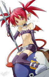 Rule 34 | 1girl, artist name, bare shoulders, boots, bra, breasts, dated, demon tail, disgaea, earrings, elbow gloves, etna (disgaea), gloves, heart, highres, holding trident, jewelry, looking at viewer, makai senki disgaea, oyster (artist), pointy ears, red eyes, red hair, short hair, simple background, sitting, skirt, skull earrings, slit pupils, small breasts, solo, tail, thighhighs, twintails, underwear