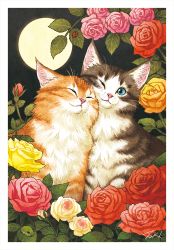 Rule 34 | animal, animal focus, blue eyes, bug, cat, closed mouth, commentary request, closed eyes, flower, full moon, bug, ladybug, looking at viewer, moon, night, night sky, no humans, one eye closed, original, pink flower, pink rose, red flower, red rose, rose, signature, sky, takigraphic, yellow flower, yellow rose