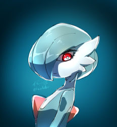 Rule 34 | 1girl, alternate color, artist name, blue background, blue hair, blue skin, bob cut, bright pupils, closed mouth, colored skin, creatures (company), female focus, flat chest, from side, game freak, gardevoir, gen 3 pokemon, hair over one eye, ka ei volltis, looking at viewer, multicolored skin, nintendo, one eye covered, pokemon, pokemon (creature), red eyes, shiny pokemon, short hair, signature, simple background, sketch, solo, twitter username, two-tone skin, upper body, white pupils, white skin