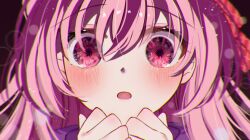 Rule 34 | 1girl, :o, blush, chromatic aberration, clenched hands, commentary, empty eyes, hair between eyes, happy sugar life, jacket, long bangs, long hair, looking at viewer, matsuzaka satou, open mouth, own hands together, pink eyes, pink hair, purple jacket, raised eyebrows, shiro (dkau3374), solo, symbol-only commentary, tearing up