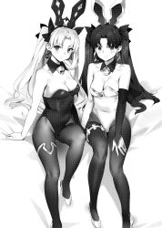 Rule 34 | 2girls, absurdres, animal ears, bare shoulders, breasts, bridal gauntlets, cleavage, detached collar, ereshkigal (fate), fake animal ears, fate/grand order, fate (series), greyscale, high heels, highres, ishtar (fate), leotard, long hair, medium breasts, monochrome, multiple girls, pantyhose, parted bangs, playboy bunny, rabbit ears, scan, simple background, single bridal gauntlet, sitting, strap, strapless, thigh strap, yd (orange maru)