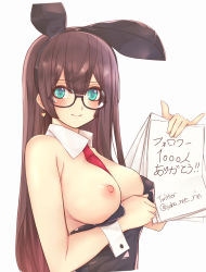 Rule 34 | 1girl, alternate breast size, alternate costume, animal ears, between breasts, black-framed eyewear, black hair, black leotard, blue eyes, blush, breasts, commentary request, covered erect nipples, detached collar, earrings, fake animal ears, glasses, heart, heart earrings, highres, holding, holding paper, jewelry, kantai collection, kobarei, large breasts, leotard, long hair, looking at viewer, necktie, nipples, one breast out, ooyodo (kancolle), paper, playboy bunny, rabbit ears, red necktie, semi-rimless eyewear, smile, solo, strapless, strapless leotard, translation request, twitter username, under-rim eyewear, upper body, white background, wing collar, wrist cuffs