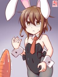 Rule 34 | 1girl, animal ears, black leotard, black pantyhose, brown eyes, brown hair, carrot, covered navel, detached collar, fake animal ears, kanon (kurogane knights), kantai collection, leotard, necktie, one-hour drawing challenge, pantyhose, playboy bunny, rabbit ears, rabbit tail, sexually suggestive, shaded face, short hair, solo, strapless, strapless leotard, suggestive fluid, sweatdrop, tail, wakaba (kancolle), wrist cuffs