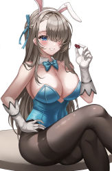 Rule 34 | 1girl, animal ears, asuna (blue archive), asuna (bunny) (blue archive), bare arms, bare shoulders, black pantyhose, blue archive, blue bow, blue bowtie, blue eyes, blue leotard, blue ribbon, bow, bowtie, breasts, brown hair, chips (food), cleavage, clenched teeth, collarbone, commentary, crossed legs, detached collar, fake animal ears, food, forehead, gloves, hair intakes, hair over one eye, hair ribbon, half updo, hand on own hip, highleg, highleg leotard, highres, holding, large breasts, leotard, looking at viewer, mole, mole on breast, no bra, official alternate costume, open mouth, pantyhose, playboy bunny, pointy breasts, poker chip, ribbon, seemu (wnslqjdignv ), shadow, simple background, sitting, smile, solo, strapless, strapless leotard, teeth, thighs, white background, white gloves, ||/