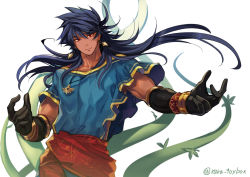 Rule 34 | 1boy, black gloves, blue hair, dark-skinned male, dark blue hair, dark skin, detached sleeves, earrings, elbow gloves, fate/grand order, fate (series), gloves, greco-roman clothes, jewelry, long hair, looking at viewer, male focus, necklace, plant, purple hair, red eyes, roman clothes, romulus quirinus (fate), ruri rarako, solo, very long hair