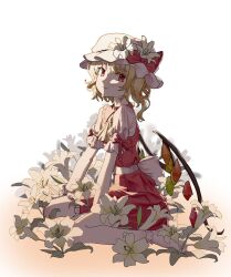 Rule 34 | 1girl, absurdres, arm support, blonde hair, bow, closed mouth, collared shirt, commentary, crystal wings, easter lily, flandre scarlet, flower, frilled shirt collar, frilled skirt, frills, from side, full body, hat, hat bow, hat flower, highres, lily (flower), looking at viewer, looking to the side, medium hair, medium skirt, mob cap, one side up, pleated skirt, red bow, red eyes, red vest, shirt, short sleeves, sidelighting, sitting, skirt, sleeve bow, sleeve garter, smile, solo, touhou, vest, waist bow, wariza, white background, white bow, white hat, white lily, white shirt, youpofen