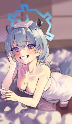 Rule 34 | 1girl, absurdres, animal ears, blue archive, blue halo, blush, breasts, cleavage, collarbone, cowboy shot, green hair, grin, gubbi on, halo, highres, large breasts, looking at viewer, medium hair, naked towel, onsen, partially submerged, purple eyes, shigure (blue archive), shigure (hot spring) (blue archive), smile, solo, tail, towel, water, weasel ears, weasel tail, white towel