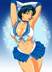 Rule 34 | 1990s (style), 1girl, areola slip, armpits, arms up, bishoujo senshi sailor moon, blue eyes, blue hair, breasts, covered erect nipples, earrings, elbow gloves, gloves, highres, huge breasts, jewelry, legs, looking at viewer, matching hair/eyes, mizuno ami, open mouth, panties, pantyshot, retro artstyle, rippadou, sailor mercury, short hair, simple background, skirt, smile, solo, standing, thighs, underwear, upskirt, white panties