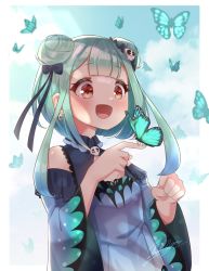 Rule 34 | 1girl, :d, animal print, blue dress, blush, bow, brooch, bug, butterfly, butterfly print, dated, detached collar, detached sleeves, double bun, dress, earrings, fang, frilled dress, frills, green hair, hair bun, hair ornament, hair ribbon, highres, hololive, insect, jewelry, nail polish, open mouth, red eyes, ribbon, shasminnyan, short dress, short hair, sidelocks, signature, skull earrings, skull hair ornament, smile, solo, strapless, strapless dress, uruha rushia, uruha rushia (1st costume), virtual youtuber, wide sleeves