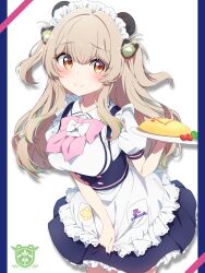 Rule 34 | 1girl, alternate costume, amatsuna sasaha, animal ears, apron, blush, breasts, brown eyes, commentary request, food, grey hair, hair ornament, highres, indie virtual youtuber, looking at viewer, maid, maid headdress, medium breasts, omelet, omurice, panda ears, simple background, smile, solo, virtual youtuber, white background