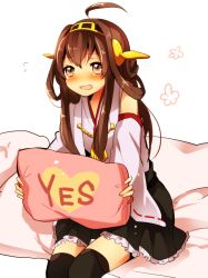 Rule 34 | 10s, 1girl, ahoge, bare shoulders, blush, brown eyes, brown hair, brown skirt, detached sleeves, double bun, flying sweatdrops, frilled skirt, frills, hair bun, hairband, headgear, japanese clothes, kantai collection, kongou (kancolle), long hair, looking at viewer, nontraditional miko, on bed, pillow, pleated skirt, ribbon-trimmed sleeves, ribbon trim, sitting, skirt, solo, thighhighs, umino (anesthesia), yes, yes-no pillow, zettai ryouiki