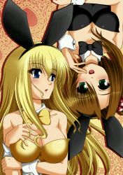 2girls absurdres animal_ears blonde_hair blue_eyes bow bowtie brown_hair detached_collar eiyuu eiyuu_(eiyuu04) fake_animal_ears green_eyes highres long_hair multiple_girls original playboy_bunny rabbit_ears short_hair wrist_cuffs