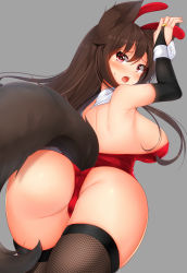 Rule 34 | 1girl, animal ears, arm up, ass, bare back, bare shoulders, black gloves, breasts, bridal gauntlets, brown hair, commentary request, cowboy shot, daichi (tokoya), detached collar, elbow gloves, fake animal ears, fishnet thighhighs, fishnets, from behind, gloves, grey background, hair between eyes, highres, huge ass, imaizumi kagerou, large breasts, leotard, long hair, looking at viewer, looking back, open mouth, playboy bunny, rabbit ears, red eyes, sidelocks, simple background, solo, standing, sweat, tail, thick thighs, thighhighs, thighs, touhou, wide hips, wolf ears, wolf tail, wrist cuffs