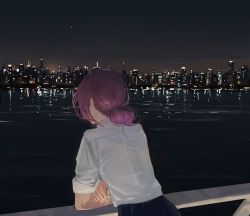 Rule 34 | 1girl, arm rest, building, chainsaw man, from behind, hair bun, highres, lake, leaning forward, looking afar, night, night sky, null (skev7724), outdoors, purple hair, railing, reze (chainsaw man), shirt, single hair bun, sky, sleeves rolled up, solo, white shirt