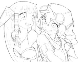 Rule 34 | 1boy, 1girl, akumesik, breasts, cleavage, feena (grandia), goggles, goggles on headwear, grandia, grandia i, greyscale, hair ornament, hair tubes, hat, jewelry, justin (grandia), long hair, medium breasts, monochrome, necklace, open mouth, simple background, smile, white background
