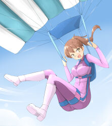Rule 34 | arnest, blue sky, boots, breasts, brown hair, harness, highres, jumpsuit, large breasts, maya (phallen1), original, parachute, ponytail, sky, skydive, smile, two-tone jumpsuit, yellow eyes