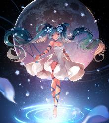 Rule 34 | 1girl, absurdres, arm ribbon, artist name, bare shoulders, blue eyes, blue ribbon, breasts, choker, cleavage, closed mouth, collarbone, commentary, crossed ankles, dress, floating hair, flower, full body, full moon, green hair, groin, hair flower, hair ornament, head tilt, highres, leg ribbon, light particles, long hair, long legs, looking at viewer, medium breasts, moon, original, petals, ribbon, ripples, shoes, sleeveless, sleeveless dress, smile, solo, standing, strapless, strapless dress, swept bangs, twintails, very long hair, white dress, white footwear, yeonjun park