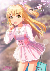 Rule 34 | 1girl, arm behind back, azuma kei, bag, blonde hair, blue bow, blurry, blurry background, blush, bow, breasts, cherry blossoms, collarbone, commentary request, earrings, green eyes, hair ornament, heart, highres, holding, holding bag, idolmaster, idolmaster cinderella girls, jewelry, jougasaki rika, long hair, long sleeves, looking at viewer, open mouth, pink skirt, skirt, small breasts, smile, solo, translation request, two-tone bow, two side up