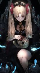 Rule 34 | 1girl, black dress, blonde hair, blood, blood on hands, bow, closed mouth, crown, dress, earrings, ereshkigal (fate), fate/grand order, fate (series), hair bow, holding, holding skull, jewelry, kdm (ke dama), looking at viewer, red eyes, sitting, skull, solo, twintails