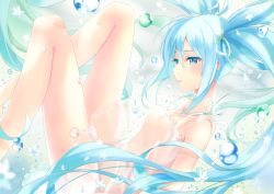 Rule 34 | 1girl, absurdres, aqua eyes, aqua hair, artist name, bare shoulders, blush, bow, breasts, bubble, collarbone, dress, falling, flower, from side, hair between eyes, hatsune miku, highres, long hair, looking to the side, medium breasts, miu (pixiv4149478), no bra, parted lips, ribbon, solo, twintails, underwater, vocaloid, white dress, white flower