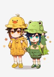 Rule 34 | 2boys, aged down, bag, black hair, blue hair, blush, braid, brown hair, child, closed mouth, crocs, floral print, flower, genshin impact, gradient hair, green eyes, green headwear, hair between eyes, hat, highres, holding, holding clothes, holding hat, long hair, long sleeves, looking at viewer, male focus, misu 025, multicolored hair, multiple boys, open mouth, shoes, simple background, smile, socks, trap, twin braids, venti (genshin impact), white background, yellow eyes, zhongli (genshin impact)