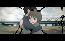 Rule 34 | 1boy, 1girl, :d, blue eyes, bridge, brown hair, cloud, cloudy sky, commentary request, day, from side, grey sky, hug, letterboxed, long sleeves, open mouth, original, outdoors, sky, smile, translation request, yajirushi (chanoma)