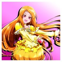 Rule 34 | border, bow, choker, cure muse, cure muse (yellow), dress, earrings, hair down, highres, jewelry, light brown hair, long hair, magical girl, nita (onakatohoppe), pink background, pink eyes, precure, shirabe ako, smile, solo, suite precure, white border