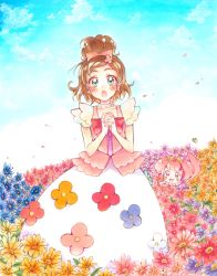 Rule 34 | 1girl, :d, :o, aqua eyes, blush, bow, brown hair, bug, butterfly, choker, cloud, cloudy sky, commentary, dress, earrings, field, flower, flower earrings, flower field, flower request, go! princess precure, hair bow, hair flower, hair ornament, haruno haruka, heart, highres, insect, interlocked fingers, jewelry, long dress, looking at viewer, marker (medium), mikan (mikataaaa), open mouth, outdoors, own hands together, petals, precure, puff (go! princess precure), purple eyes, short hair, sky, smile, solo, thick eyebrows, traditional media