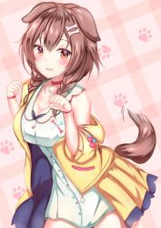 Rule 34 | 1girl, animal ears, blush, bone hair ornament, braid, breasts, brown eyes, brown hair, cleavage, collar, collarbone, dog ears, dog girl, dog tail, dress, fang, hair between eyes, hair ornament, highres, hololive, inugami korone, inugami korone (1st costume), jacket, large breasts, long sleeves, looking at viewer, low twin braids, off-shoulder dress, off shoulder, open clothes, open jacket, open mouth, paw pose, paw print, paw print pattern, red collar, sleeveless, sleeveless dress, smile, solo, standing, striped, striped background, tail, thighs, twin braids, virtual youtuber, white dress, wristband, yellow jacket, yuano