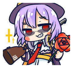 Rule 34 | 1girl, blush stickers, chibi, chinese commentary, commentary request, flower, girls&#039; frontline, grin, gun, hair between eyes, hat, headphones, headphones around neck, highres, holding, holding flower, jacket, looking at viewer, necktie, official art, over shoulder, purple hair, red eyes, red necktie, rose, shirt, short hair, simple background, smile, solo, sparkle, su xiao jei, submachine gun, sunglasses, thompson (girls&#039; frontline), thompson submachine gun, upper body, weapon, weapon over shoulder, white background, white shirt