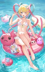 Rule 34 | 1girl, ;d, adapted costume, alternate costume, barefoot, bikini, blonde hair, blue bag, blue bow, blue eyes, blue hair, blue ribbon, blush, bow, breasts, character doll, chouzetsusaikawa tenshi-chan, commentary request, cup, cuts, disposable cup, doughnut innertube, emoji, frilled bikini, frills, full body, hair bow, hair ornament, hand up, heart, heart hair ornament, highres, holographic clothing, iino (isnyong), injury, innertube, long hair, looking at viewer, multicolored hair, navel, needy girl overdose, one eye closed, open mouth, pink bow, pink hair, pink innertube, pleading face emoji, purple bow, quad tails, ribbon, scar, scar on arm, self-harm, self-harm scar, sitting, small breasts, smile, solo, stuffed animal, stuffed octopus, stuffed toy, swimsuit, twintails, v, very long hair, water, wet, white bikini, yellow bow