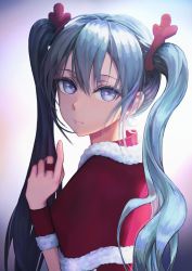 Rule 34 | 1girl, blue eyes, blue hair, capelet, closed mouth, from side, fur-trimmed capelet, fur trim, hair between eyes, haolihai, hatsune miku, highres, jewelry, long hair, looking at viewer, red capelet, ring, santa costume, solo, twintails, upper body, very long hair, vocaloid