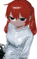 Rule 34 | 1girl, atkm2, bad id, bad tumblr id, black eyes, closed mouth, ear piercing, earrings, jewelry, long hair, looking at viewer, original, piercing, red hair, simple background, solo, sweater, twintails, upper body, white background, white sweater