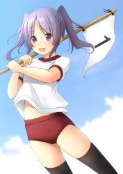 Rule 34 | 1girl, :d, black thighhighs, blue sky, buruma, cloud, commentary request, day, fang, flag, gym shirt, gym uniform, highres, holding, holding flag, looking at viewer, open mouth, original, outdoors, parted bangs, puffy short sleeves, puffy sleeves, purple eyes, purple hair, red buruma, shibacha, shirt, short sleeves, sky, smile, solo, stomach, thighhighs, twintails, white shirt