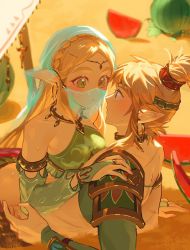 Rule 34 | 1boy, 1girl, arabian clothes, armlet, armor, asymmetrical clothes, bare shoulders, blonde hair, blue eyes, blush, braid, breasts, bridal gauntlets, choker, circlet, commentary, couple, crown braid, day, desert voe set (zelda), detached sleeves, duoj ji, earrings, english commentary, eye contact, food, fruit, gerudo set (zelda), green eyes, hair ornament, halterneck, hand on another&#039;s shoulder, headband, hetero, high ponytail, highres, hoop earrings, jewelry, leaf, link, long hair, long pointy ears, looking at another, lying on person, medium breasts, midriff, mouth veil, nintendo, outdoors, parted lips, pointy ears, princess zelda, reclining, sand, scar, scar on arm, scar on back, see-through, shoulder armor, sidelocks, single detached sleeve, sweat, the legend of zelda, the legend of zelda: breath of the wild, upper body, veil, watermelon, watermelon slice