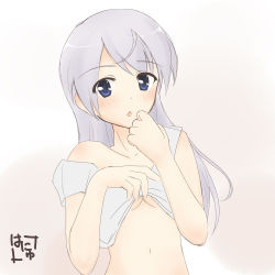 Rule 34 | 00s, 1girl, blue eyes, blush, breasts, clothes lift, covering own mouth, eila ilmatar juutilainen, hand over mouth, hand over own mouth, hanyu, long hair, medium breasts, navel, off shoulder, purple hair, shirt lift, signature, silver hair, simple background, solo, strike witches, underboob, world witches series