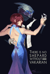 Rule 34 | 1girl, alien, alternate costume, backless dress, backless outfit, black background, black sclera, blue dress, bodysuit, breasts, colored sclera, commander shepard, commander shepard (female), commentary, couple, dancing, dress, earrings, closed eyes, formal, garrus vakarian, height difference, highres, interspecies, jewelry, lipstick, makeup, mass effect (series), mass effect 3, nose, red hair, short hair, sleeveless, sleeveless dress, toned, turian, zetallis