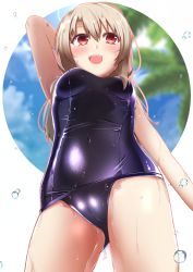 Rule 34 | 1girl, breasts, cameltoe, commentary request, fate/kaleid liner prisma illya, fate (series), highres, illyasviel von einzbern, kuro yanagi, long hair, one-piece swimsuit, open mouth, prisma illya, purple one-piece swimsuit, red eyes, school swimsuit, silver hair, skindentation, small breasts, smile, solo, swimsuit