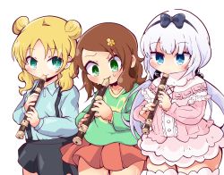 Rule 34 | 3girls, absurdres, beads, black bow, black hairband, black skirt, blonde hair, blue eyes, blue shirt, blush, bow, bow hairband, brown hair, capelet, child, chloe (maidragon), closed mouth, collarbone, collared shirt, commentary request, double bun, dress, flower, flute, frilled capelet, frills, green eyes, green shirt, hair beads, hair bow, hair bun, hair flower, hair ornament, hairband, highres, holding, holding flute, holding instrument, instrument, kanna kamui, kobayashi-san chi no maidragon, light purple hair, long hair, long sleeves, looking at viewer, looking down, low twintails, medium hair, multiple girls, music, pink dress, playing instrument, pleated skirt, print shirt, recorder, red skirt, saikawa riko, shinsou komachi, shirt, shirt tucked in, short dress, side-by-side, simple background, skirt, smile, standing, suspender skirt, suspenders, sweat, thick thighs, thighhighs, thighs, twintails, white background, white legwear, yellow flower